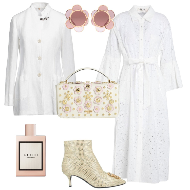 Outfit donna - Cerimonia evento speciale. Stile Romantica per Cerimonia. Abbinamento con stivaletti, occhiali da sole, borse a mano, vestiti chemisier, blazer, profumi.