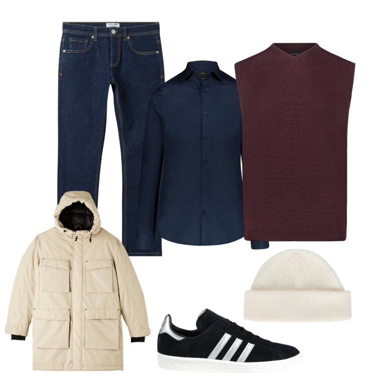 Outfit uomo - Total look #2069486. Stile Casual per Tutti i giorni. Abbinamento con sneakers, parka, jeans, camicie, berretti, gilet.