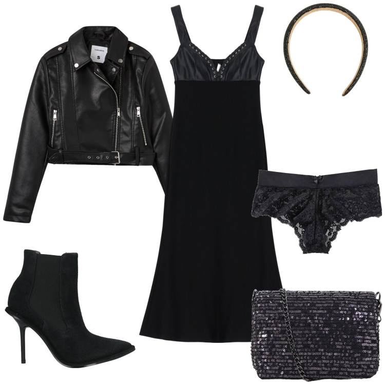 Outfit donna - Fuori a cena. Stile Glamour per Serata fuori. Abbinamento con culotte, stivaletti, giacche, cerchietti, vestiti midi/longuette, borse a tracolla.