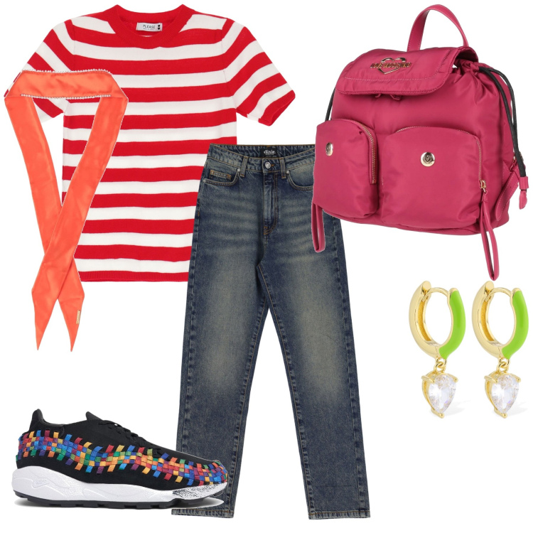 Outfit donna - Verso il mare coloratissima. Stile Sporty chic per Mare. Abbinamento con sciarpe, zaini, maglieria, jeans, orecchini, sneakers.