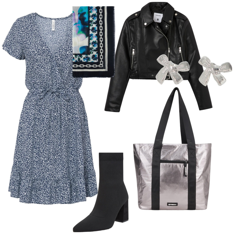 Outfit donna - Il chiodo da per tutto. per Scuola/Università. Abbinamento con vestiti corti, giacche, stivaletti, shopping bag, orecchini, foulard.