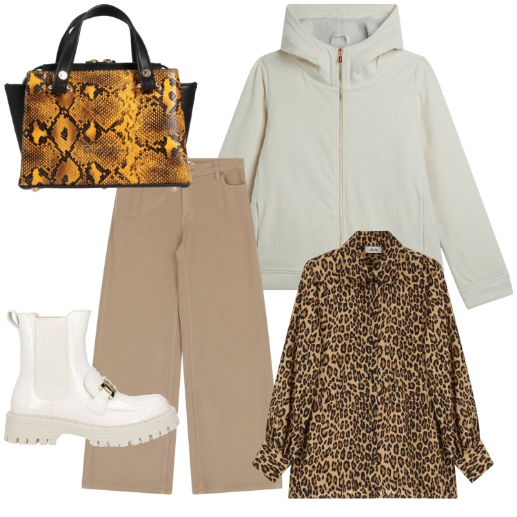 Outfit donna - Animalier dí primavera. Stile Urban per Tutti i giorni. Abbinamento con borse a mano, stivaletti, pantaloni, blazer, camicie.