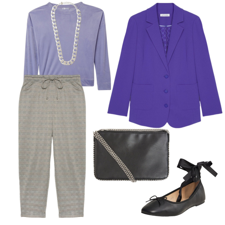 Outfit donna - Uscita al volo. per Tutti i giorni. Abbinamento con borse a tracolla, ballerine, collane, felpe, blazer, pantaloni.