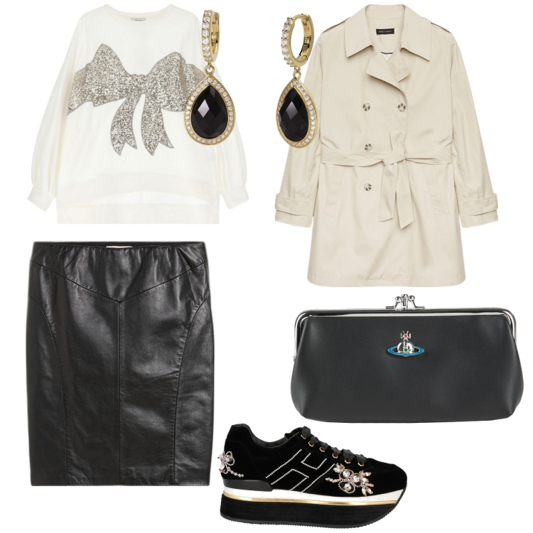 Outfit donna - Praticità. per Ufficio. Abbinamento con gonne, borse a mano, sneakers, orecchini, felpe, trench.