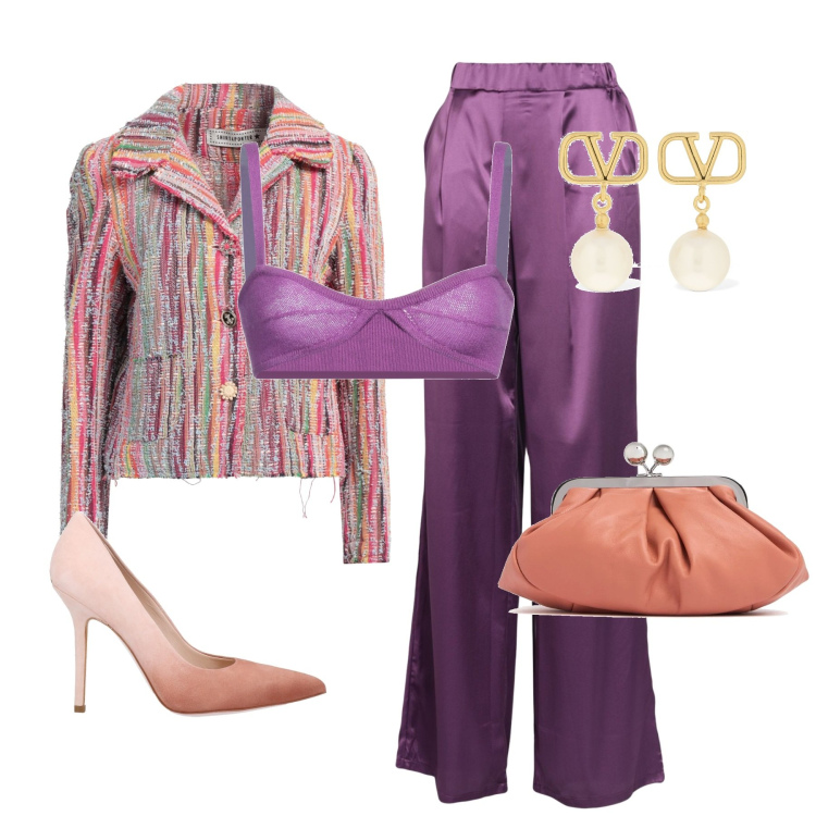 Outfit donna - Viole e pesca. Stile Chic per Cerimonia. Abbinamento con pantaloni, décolleté, blazer, top, pochette, orecchini.