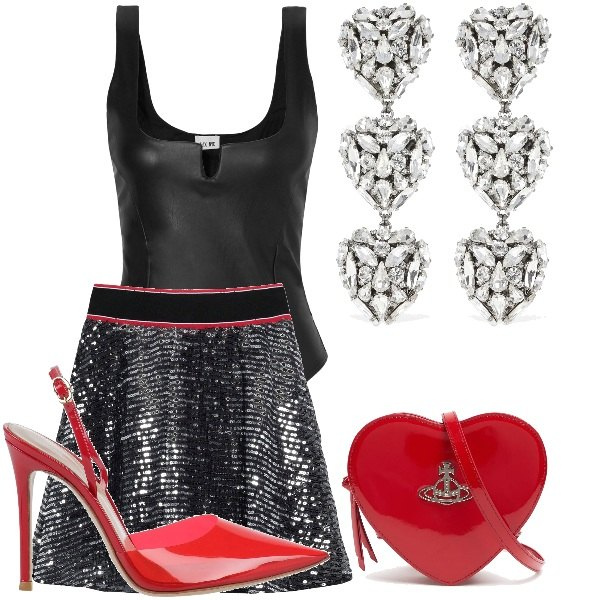 Outfit donna - serata in discoteca. Stile Sexy per Serata fuori. Abbinamento con minigonne, body, décolleté, borse a spalla, orecchini.