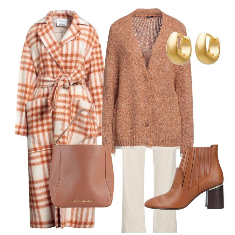 Outfit donna - Toni della terra. Stile Casual chic per Tutti i giorni. Abbinamento con stivaletti, pantaloni, borse a mano, cappotti, cardigans, orecchini.