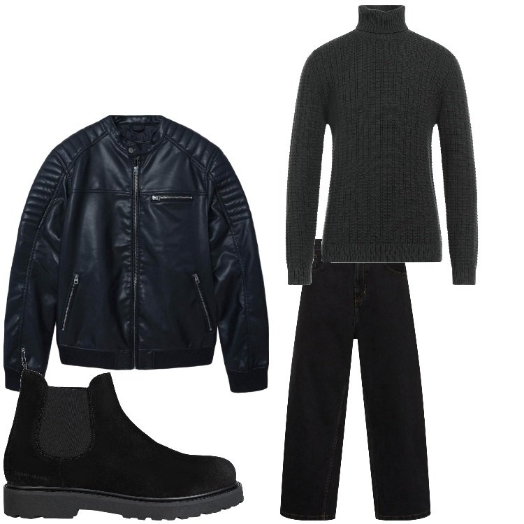 Outfit uomo - Black biker. Stile Biker Rock per Tutti i giorni. Abbinamento con stivali e stivaletti, maglieria, giacche, jeans.