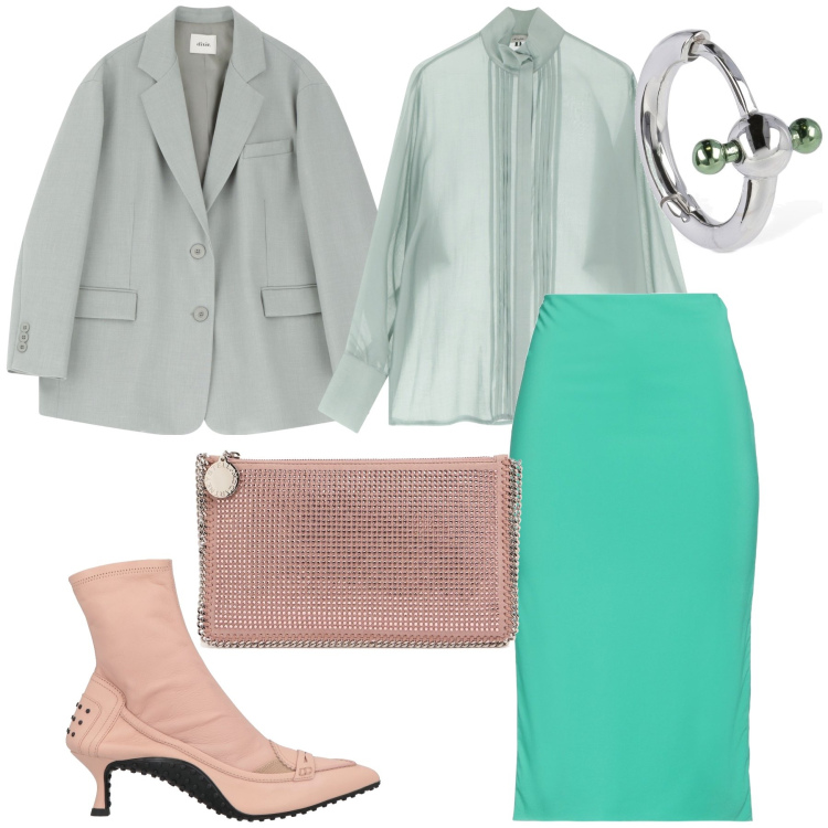 Outfit donna - Madrina di cresima. Stile Chic per Cerimonia. Abbinamento con gonne longuette, stivaletti, blazer, camicie, pochette, orecchini.