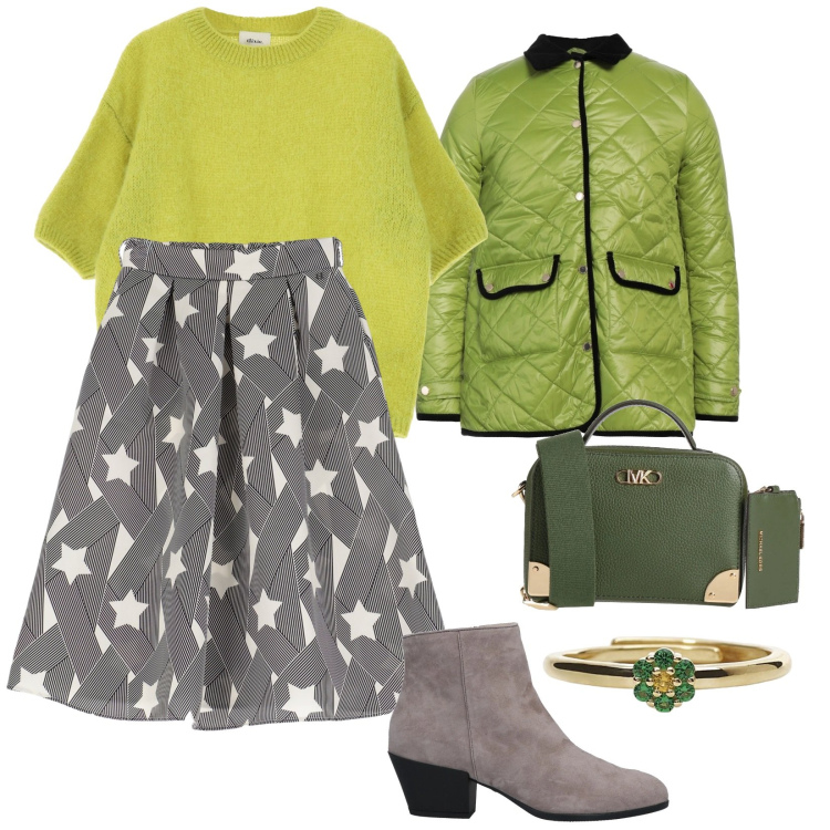 Outfit donna - Un anello regalato. per Tutti i giorni. Abbinamento con stivaletti, borse a tracolla, blazer, gonne lunghe, maglieria, anelli.