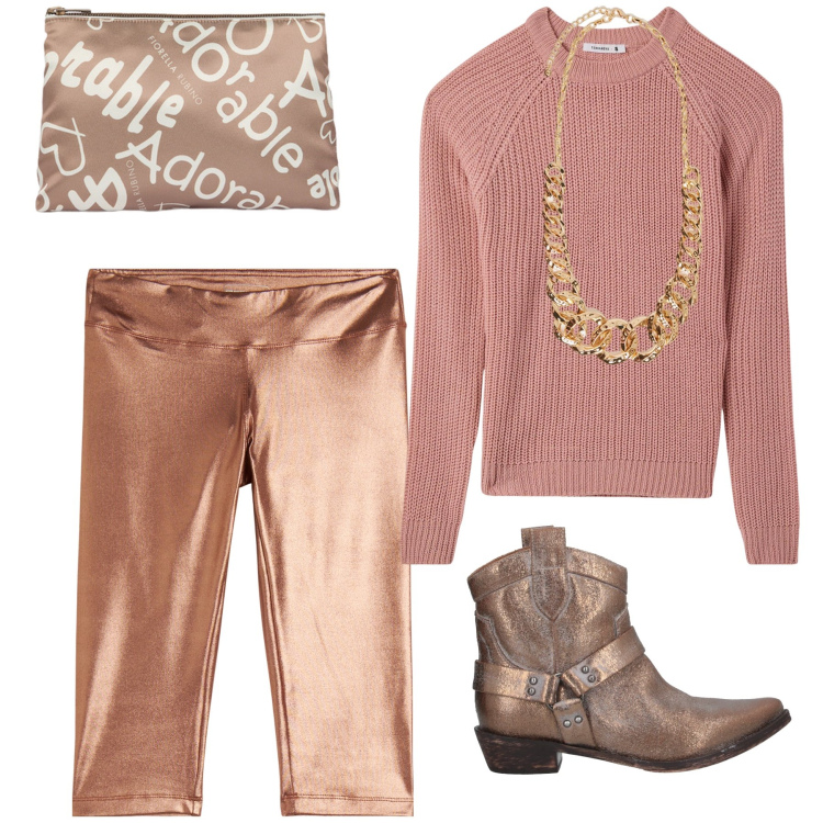 Outfit donna - Laminato. Stile Trendy per Tutti i giorni. Abbinamento con stivaletti texani, maglieria, collane, pochette, pantaloni.