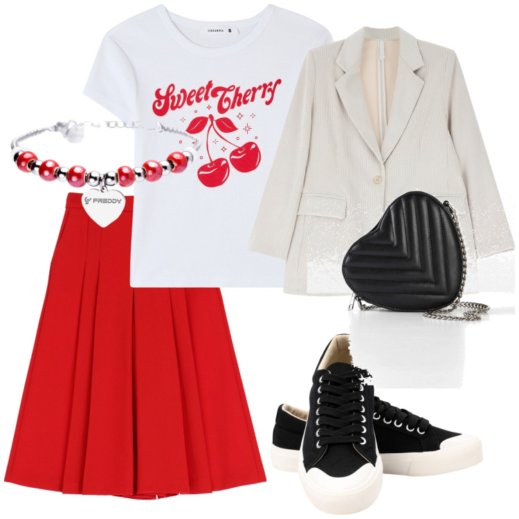 Outfit donna - Per gli innamorati. per Serata fuori. Abbinamento con borse a tracolla, t-shirt, pantaloni, blazer, braccialetti, sneakers.