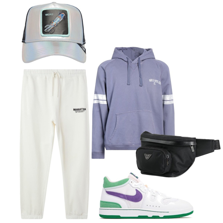 Outfit uomo - Total look #2069549. Stile Casual per Sport. Abbinamento con felpe con cappuccio, borse sportive, pantaloni sportivi, cappelli, sneakers.