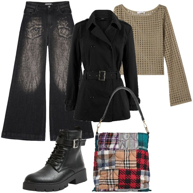 Outfit donna - Borsa Etno-Chic. Stile Etnico per Tutti i giorni. Abbinamento con borse a mano, trench, maglieria, anfibi, jeans a zampa.