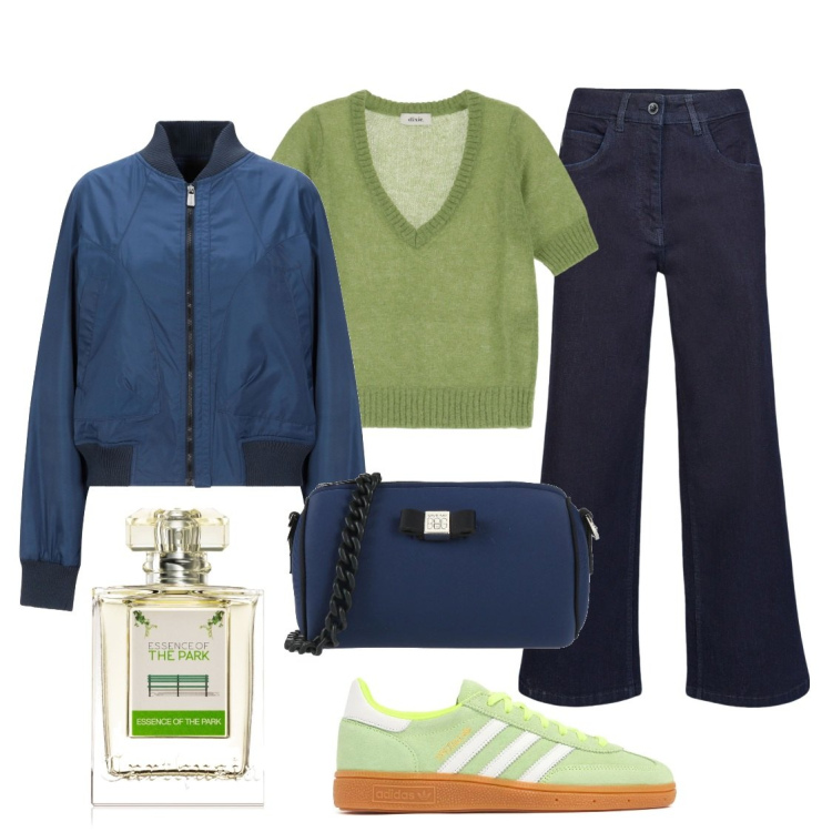Outfit donna - City. Stile Casual per Tutti i giorni. Abbinamento con borse a tracolla, blazer, profumi, maglieria, pantaloni, sneakers.
