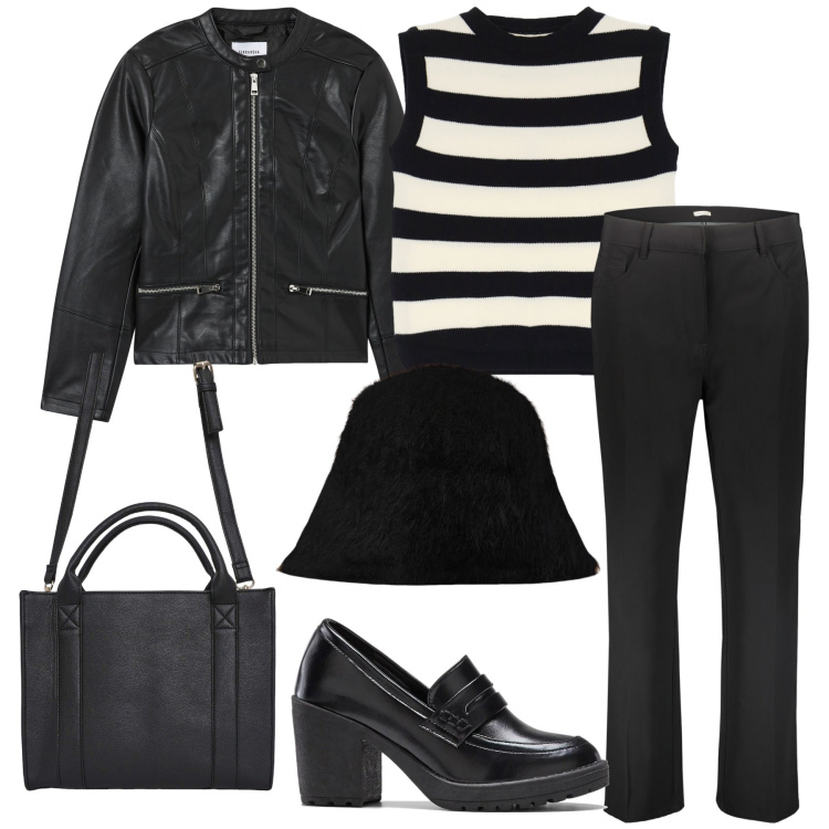 Outfit donna - City. Stile Urban per Tutti i giorni. Abbinamento con mocassini, borse tote, blazer, maglieria, pantaloni, cappelli.
