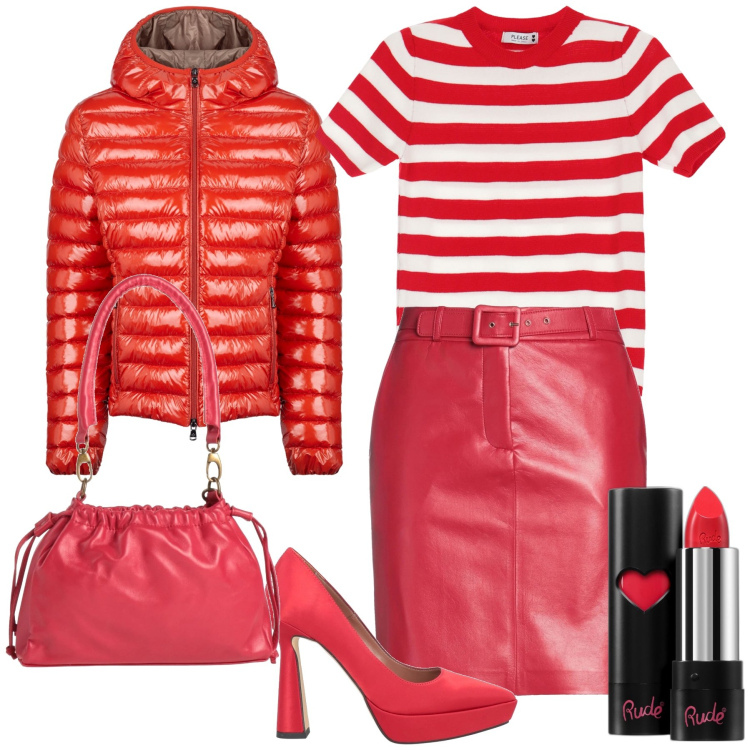 Outfit donna - Cuore rosso. Stile Trendy per Tutti i giorni. Abbinamento con minigonne, borse a mano, décolleté, rossetti, maglieria, blazer.
