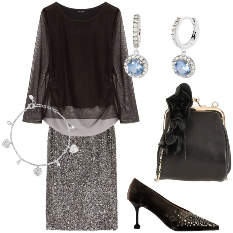 Outfit donna - Dettagli luminosi. Stile Glamour per Serata fuori. Abbinamento con borse a tracolla, braccialetti, orecchini, gonne longuette, décolleté, t-shirt.
