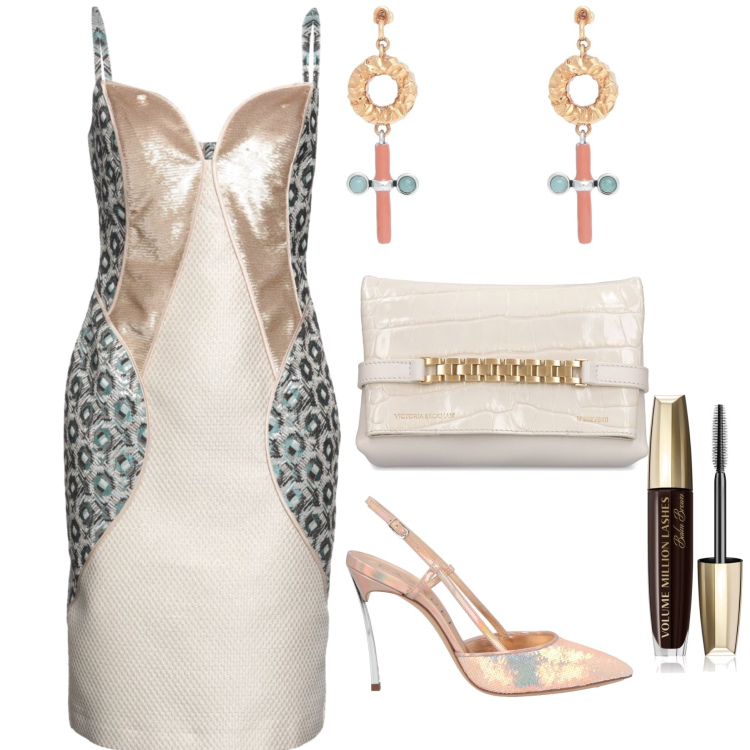 Outfit donna - Cocktail party. Stile Glamour per Serata fuori. Abbinamento con orecchini, décolleté, vestiti corti, mascara, pochette.