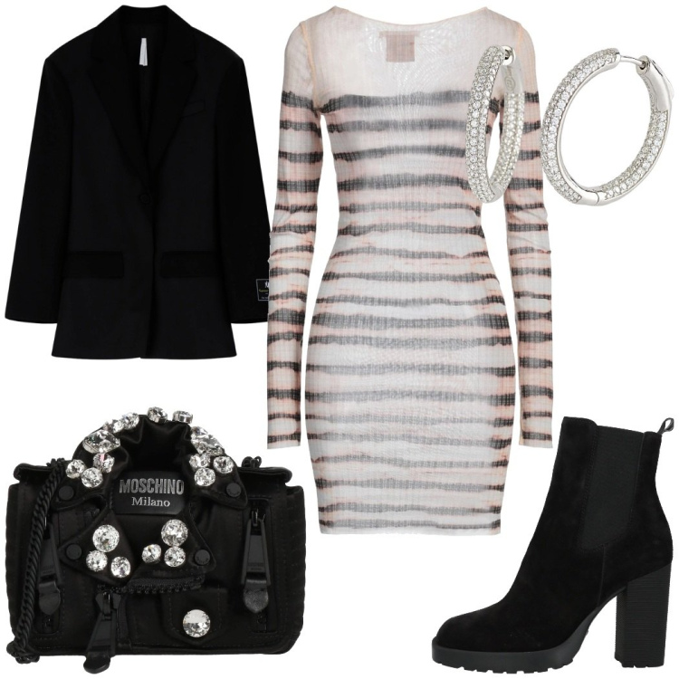 Outfit donna - La borsa protagonista. Stile Glamour per Serata fuori. Abbinamento con borse a tracolla, stivaletti, vestiti corti, orecchini, blazer.