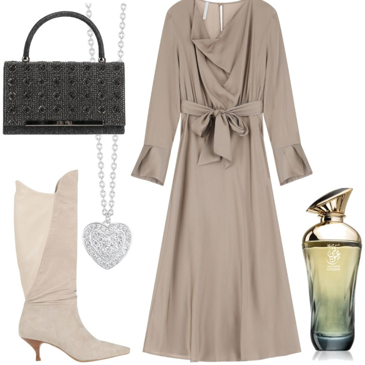 Outfit donna - Gli stivali di febbraio. Stile Glamour per Serata fuori. Abbinamento con stivali, borse a mano, profumi, collane, vestiti midi/longuette.