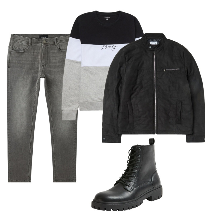 Outfit uomo - Total look #2069581. Stile Urban per Tutti i giorni. Abbinamento con felpe, jeans skinny, anfibi, giacche.