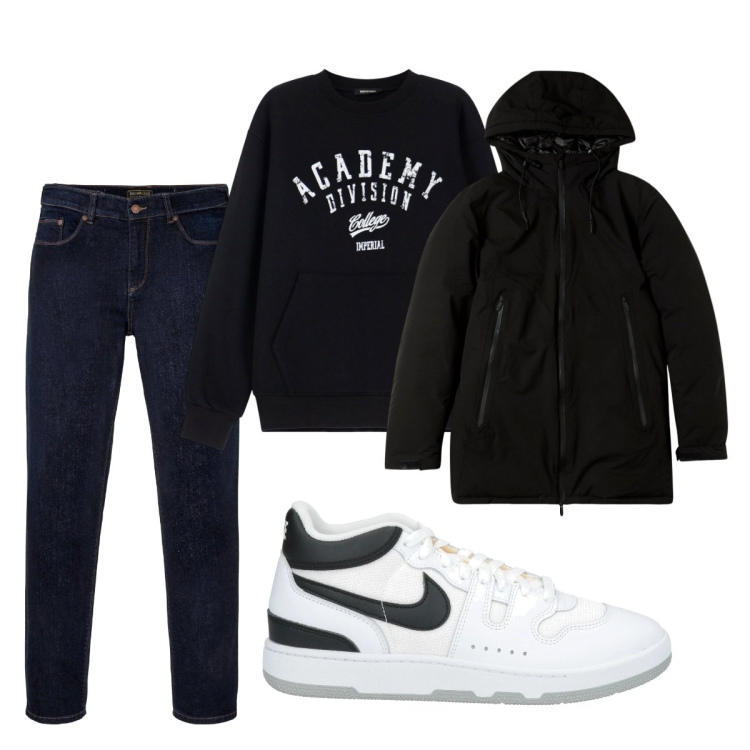 Outfit uomo - Total look #2069588. Stile Casual per Tutti i giorni. Abbinamento con jeans dritti, sneakers alte, parka, felpe.