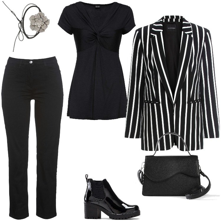 Outfit donna - Total look #2069596. Stile Casual chic per Serata fuori. Abbinamento con pantaloni, maglieria, blazer, stivaletti, borse a tracolla, collane.