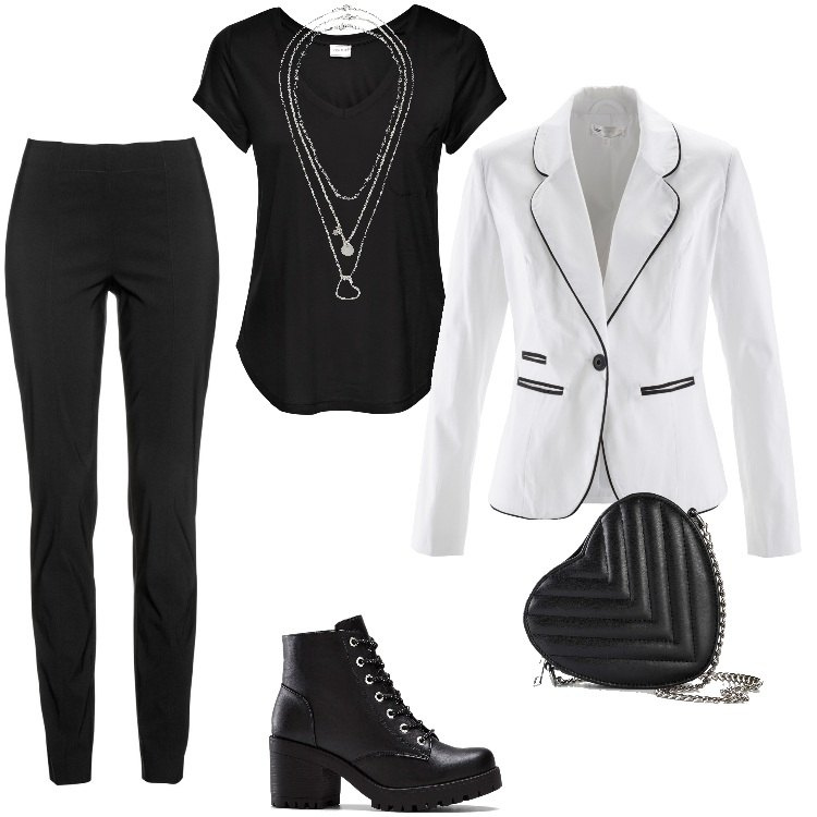 Outfit donna - Total look #2069609. Stile Casual chic per Cerimonia. Abbinamento con pantaloni, collane, stivaletti, maglieria, blazer, borse a tracolla.