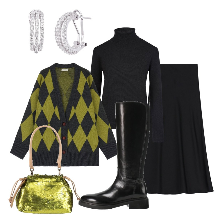 Outfit donna - Stivali neri flat. Stile Chic per Serata fuori. Abbinamento con stivali, borse a mano, cardigans, gonne lunghe, orecchini, maglieria.