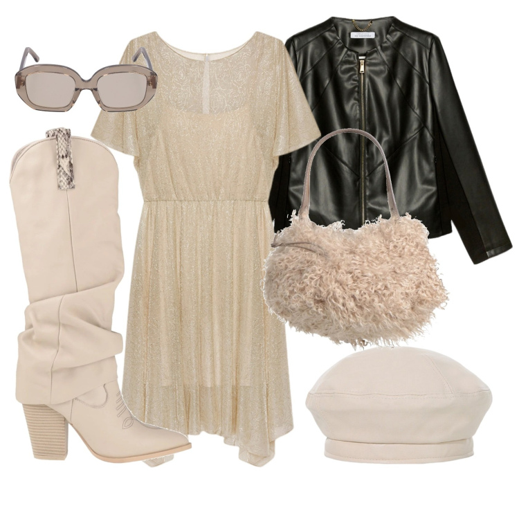 Outfit donna - Voglia di primavera. Stile Boho per Tutti i giorni. Abbinamento con stivali, borse a secchiello, cappelli e berretti, vestiti asimmetrici, blazer, occhiali da sole.