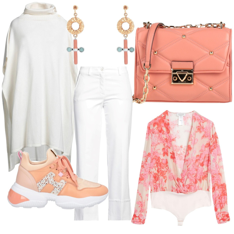 Outfit donna - Peach passion. Stile Sporty chic per Tutti i giorni. Abbinamento con sneakers, body, cappotti, pantaloni, borse a tracolla, orecchini.