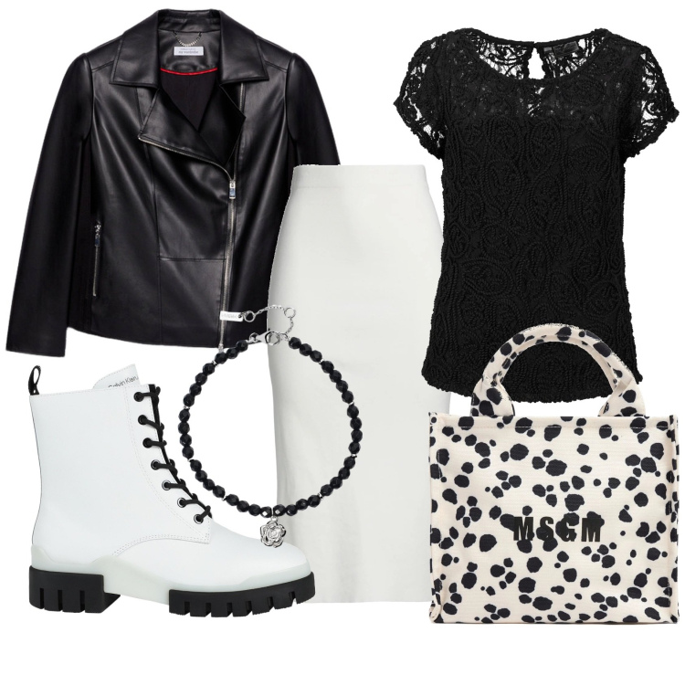 Outfit donna - Optical spring. Stile Rock per Tutti i giorni. Abbinamento con maglieria, anfibi, gonne longuette, braccialetti, blazer, shopping bag.