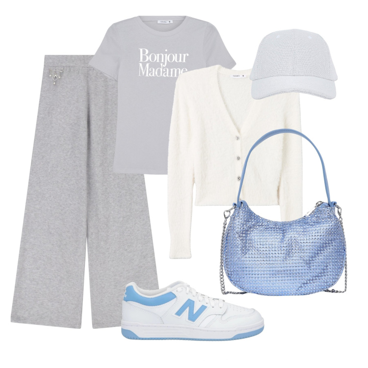 Outfit donna - Giornata easy con gli strass. Stile Urban per Tutti i giorni. Abbinamento con sneakers, t-shirt, cappelli con visiera, borse a spalla, cardigans, pantaloni.