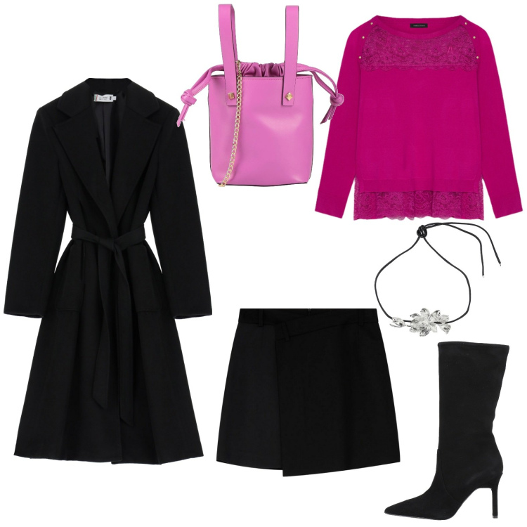 Outfit donna - Total look #2069642. Stile Casual per Scuola/Università. Abbinamento con stivali, borse a secchiello, cappotti, minigonne, collane, maglieria.