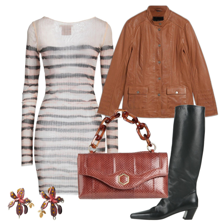 Outfit donna - La borsa in primo piano - @tiffany22. Stile Chic per Tutti i giorni. Abbinamento con blazer, borse a mano, orecchini, vestiti corti, stivali.