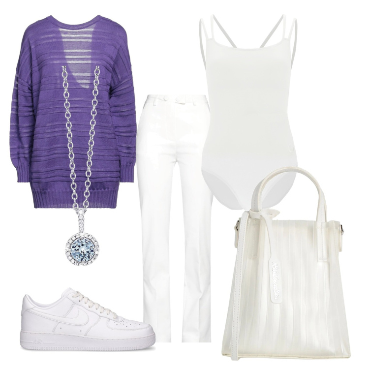 Outfit donna - Bianco e.... Stile Casual chic per Ufficio. Abbinamento con pullovers, pantaloni, borse a mano, collane, body, sneakers.