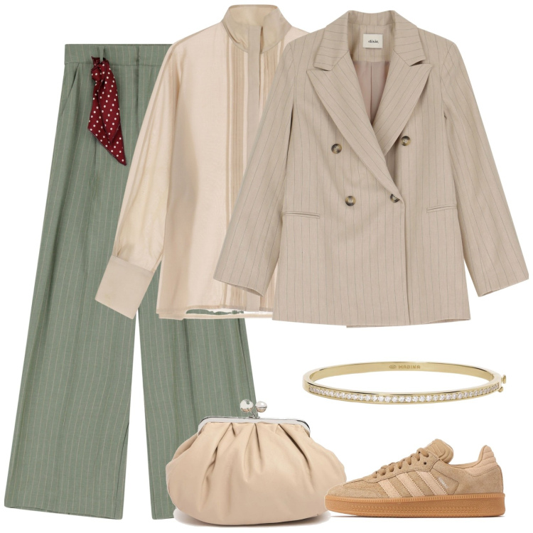 Outfit donna - Il bracciale rigido. Stile Casual chic per Ufficio. Abbinamento con braccialetti, blazer, camicie, pantaloni a palazzo, sneakers, pochette.