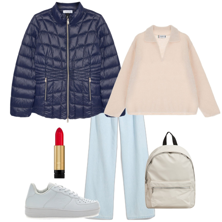 Outfit donna - Aria di primavera. Stile Casual per Tutti i giorni. Abbinamento con jeans, rossetti, zaini, pullovers, sneakers, piumini.