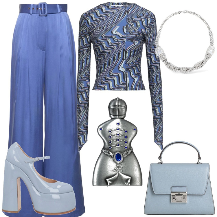 Outfit donna - Scintille stellari. Stile Glamour per Serata fuori. Abbinamento con t-shirt, borse a mano, décolleté, profumi, pantaloni, collane.