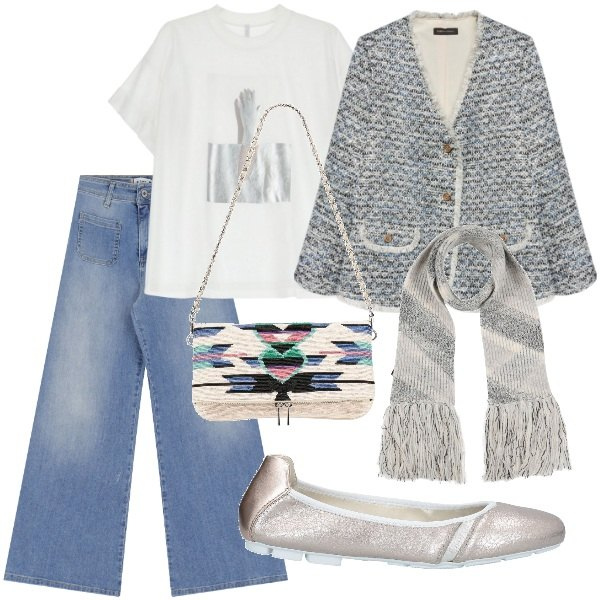 Outfit donna - Total look #2069670. Stile Trendy per Tutti i giorni. Abbinamento con ballerine, borse a spalla, sciarpe, jeans, t-shirt, blazer.