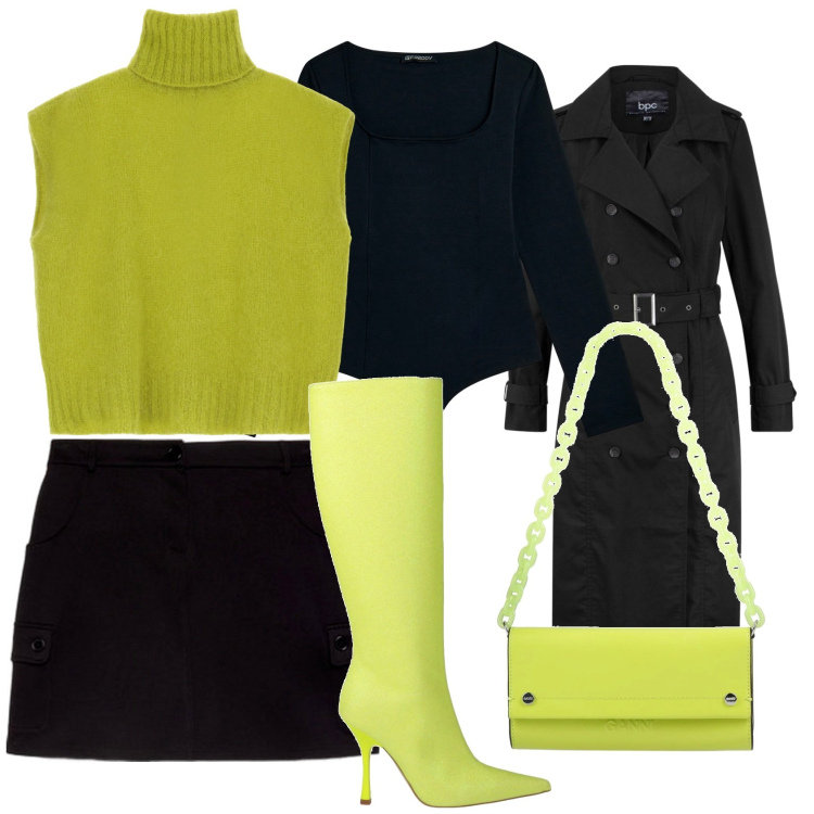 Outfit donna - Tocchi di colore. Stile Chic per Ufficio. Abbinamento con trench, borse a mano, stivali, body, gilet, minigonne.