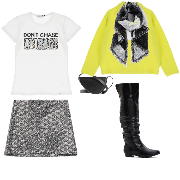 Outfit donna - These boots are made for walking. Stile Casual chic per Serata fuori. Abbinamento con stivali sopra il ginocchio, sciarpe, borse a tracolla, t-shirt, pullovers, minigonne.