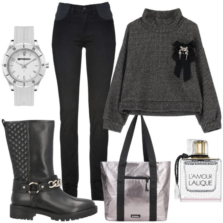 Outfit donna - Stivali protagonisti. Stile Urban per Tutti i giorni. Abbinamento con jeans skinny, stivali, profumi, shopping bag, orologi, felpe.