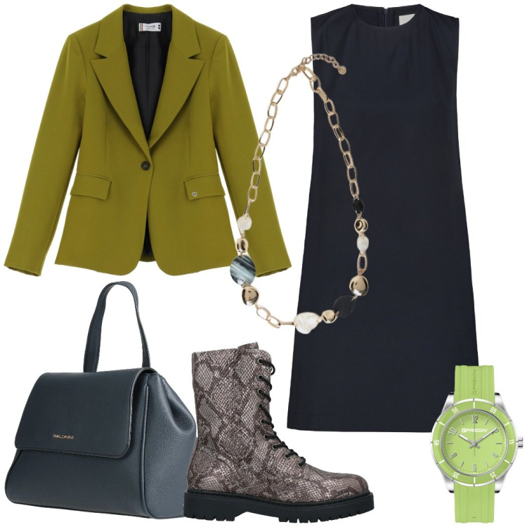 Outfit donna - Outfit ufficio. Stile Urban per Ufficio. Abbinamento con anfibi, zaini, blazer, orologi, collane, vestiti a tubino.
