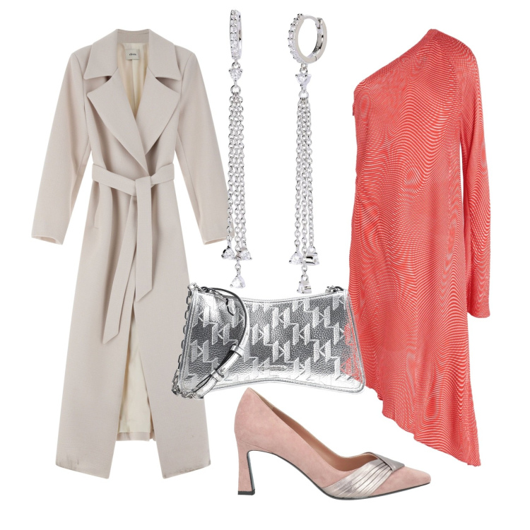 Outfit donna - Total look #2069693. Stile Glamour per Serata fuori. Abbinamento con décolleté, vestiti asimmetrici, borse a tracolla, orecchini, cappotti.