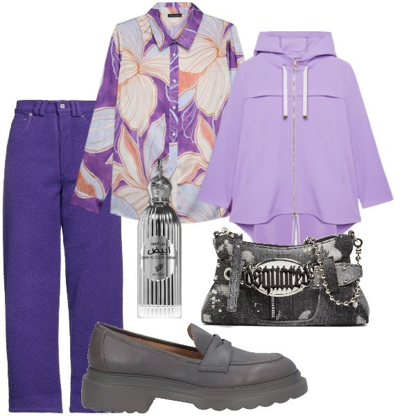 Outfit donna - Total look #2069702. Stile Trendy per Tutti i giorni. Abbinamento con pantaloni, mocassini, profumi, camicie, parka, pochette.