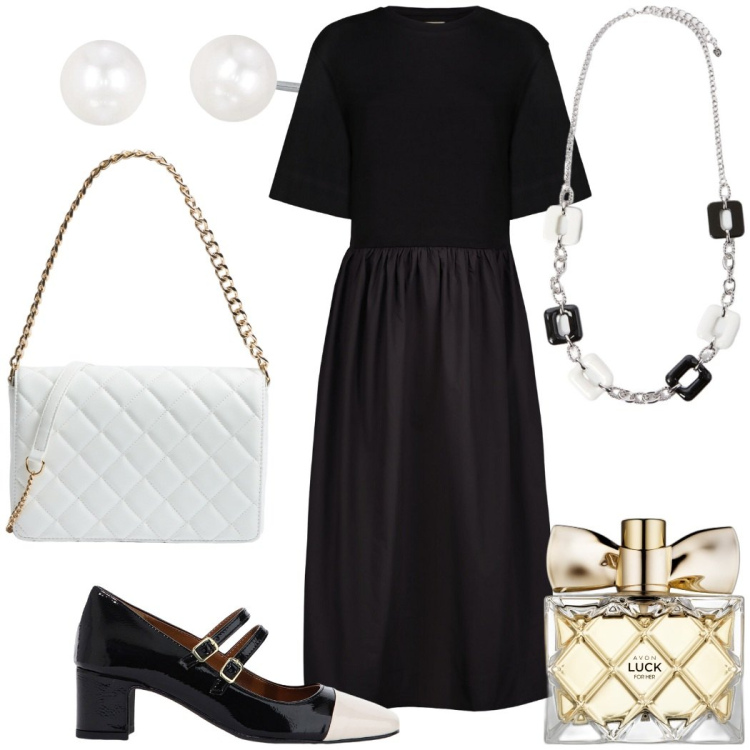 Outfit donna - Invito elegante. Stile Bon Ton per Cerimonia. Abbinamento con profumi, borse a tracolla, orecchini, décolleté, vestiti midi/longuette, collane.