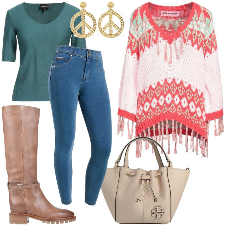 Outfit donna - Boho chic. Stile Boho per Tutti i giorni. Abbinamento con t-shirt, pullovers, borse a mano, stivali, jeans skinny, orecchini.