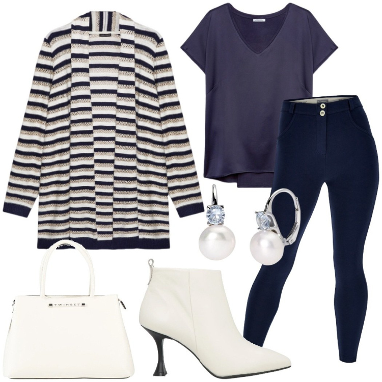 Outfit donna - Bon ton. Stile Bon Ton per Tutti i giorni. Abbinamento con borse a mano, stivaletti, orecchini, pantaloni skinny, cardigans, t-shirt.